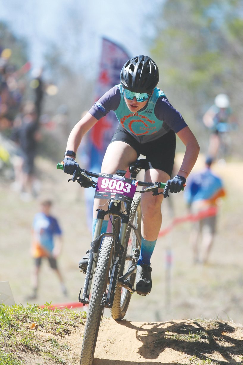 Chatham Chaos middle-school racer Nicole Clamann bounds down the course at Browns Creek on March 20, where she won the Middle School Girls A race with a time of 35:23.95. Clamann was a member of the Chaos' inaugural 2019-20 team and is now one of their top riders.